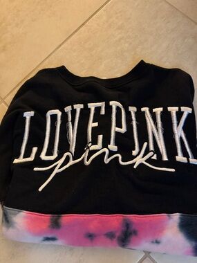 PINK Victoria's Secret Black Sweatshirt with Pink & Gray Tie-Dye Hem